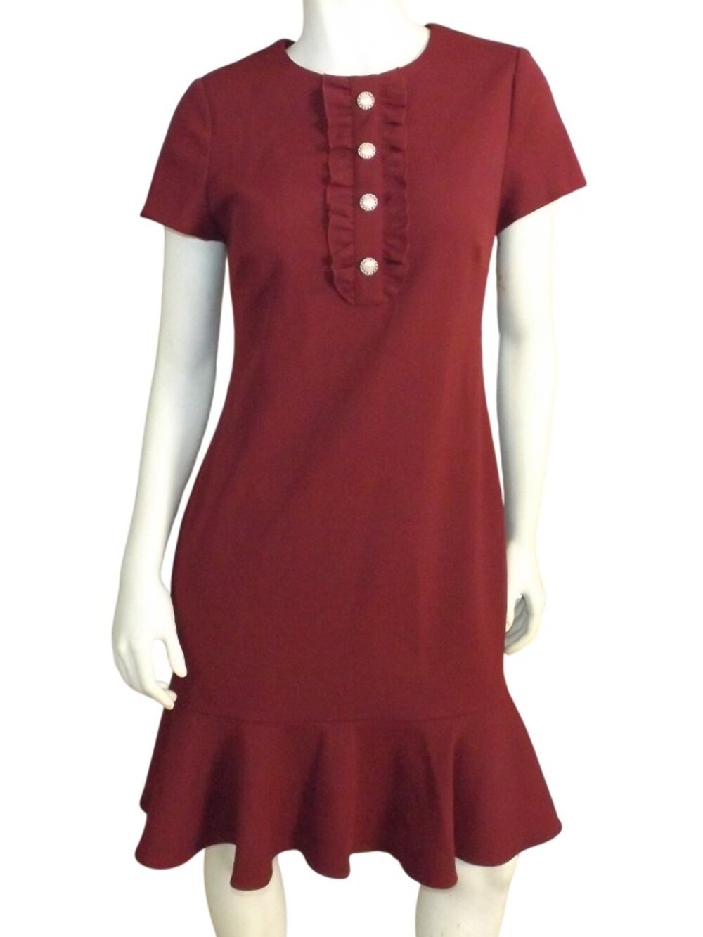 new KARL LAGERFELD Dress, 8, Burgundy, Button accent, Short sleeve, Ruffle hem